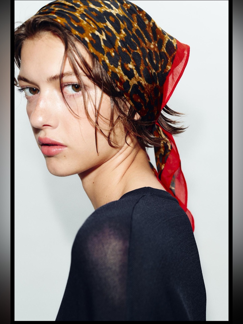 Zara animal print modal silk scarf with contrasting red trim
